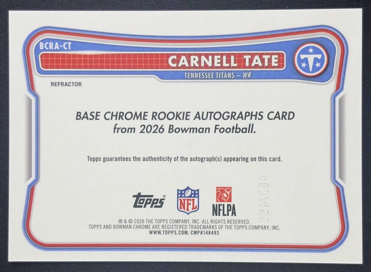 Carnell Tate 2026 Bowman Chrome Rookie Auto Refractor /499 Titans Sports Trading Card
