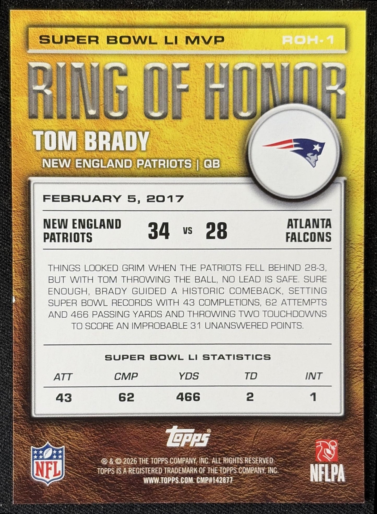 Tom Brady 2026 Topps Ring of Honor Patriots back