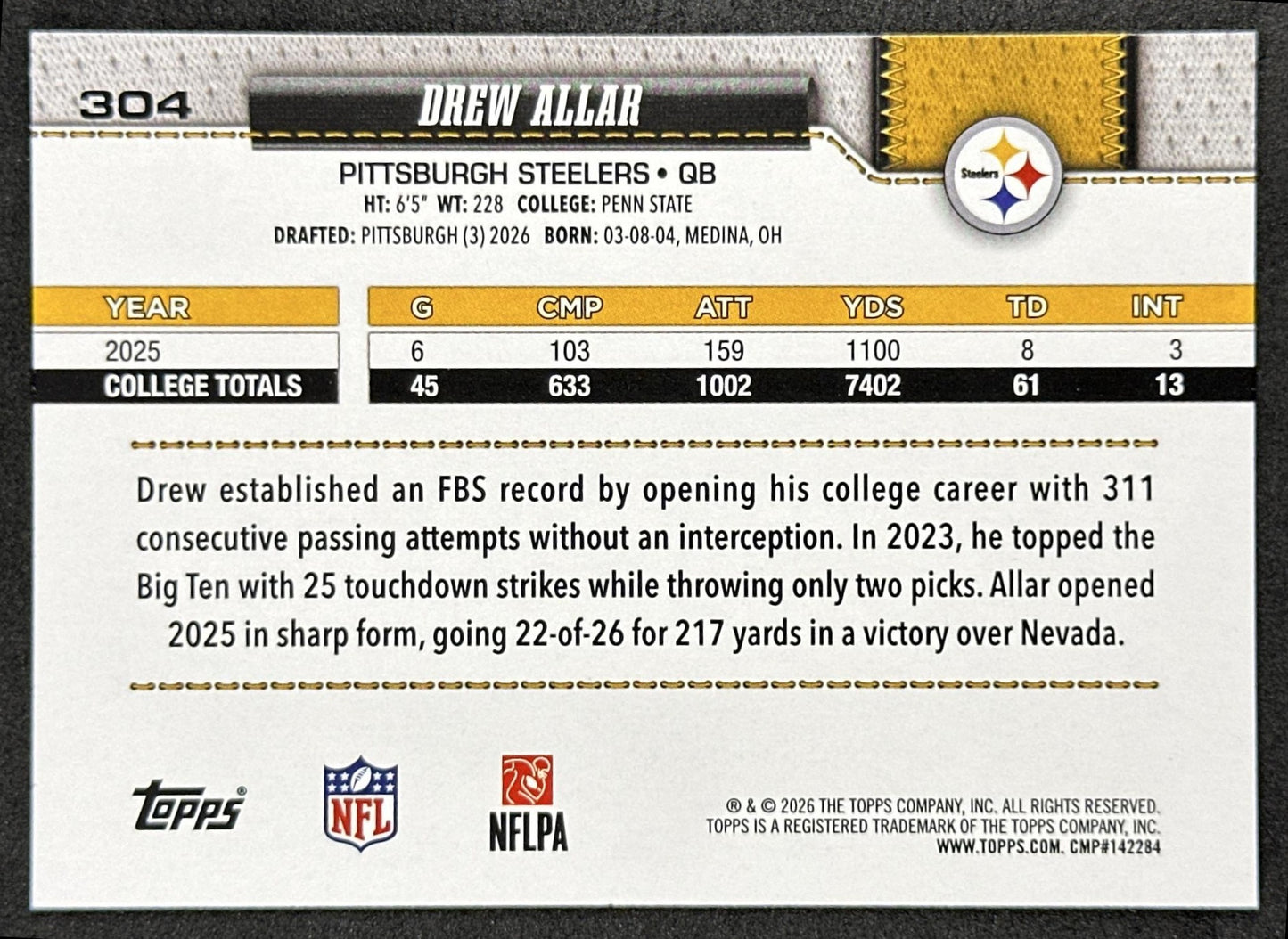 Drew Allar 2026 Topps Flagship Rookie Steelers Sports Trading Card
