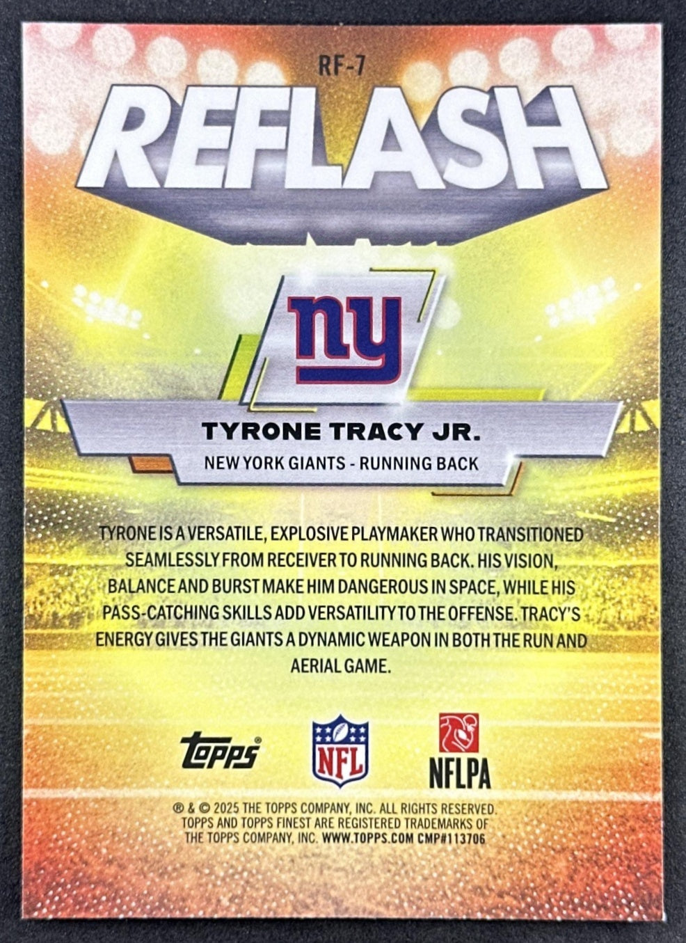 Tyrone Tracy Jr. 2025 Topps Finest Reflash Blue Refractor /99 Giants back