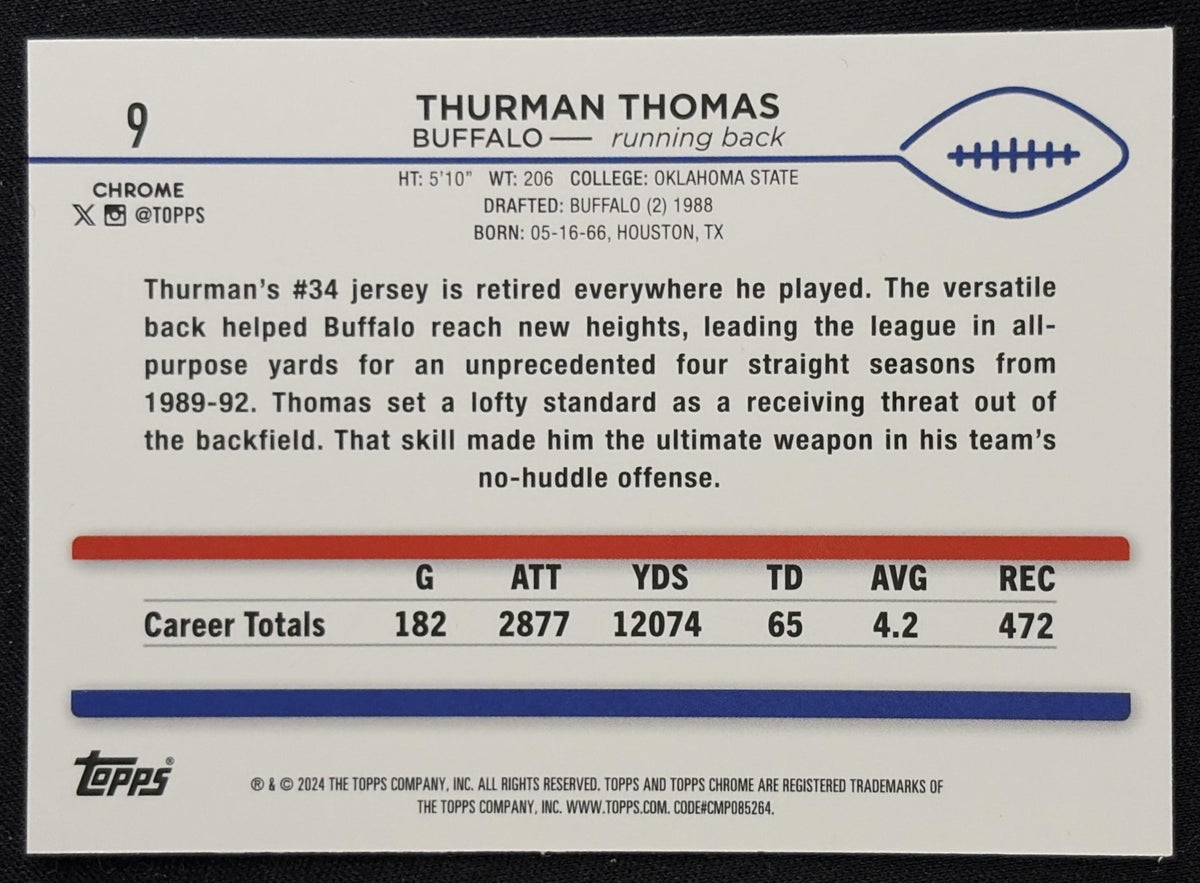 Thurman Thomas 2024 Topps Chrome Purple Speckle Refractor /275 Bills - Back