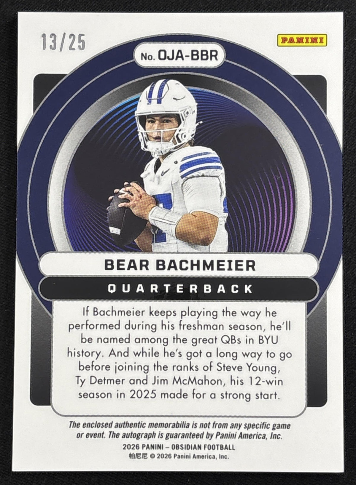 Bear Bachmeier 2026 Panini Obsidian Orbital Jersey Auto Green /25 Cougars