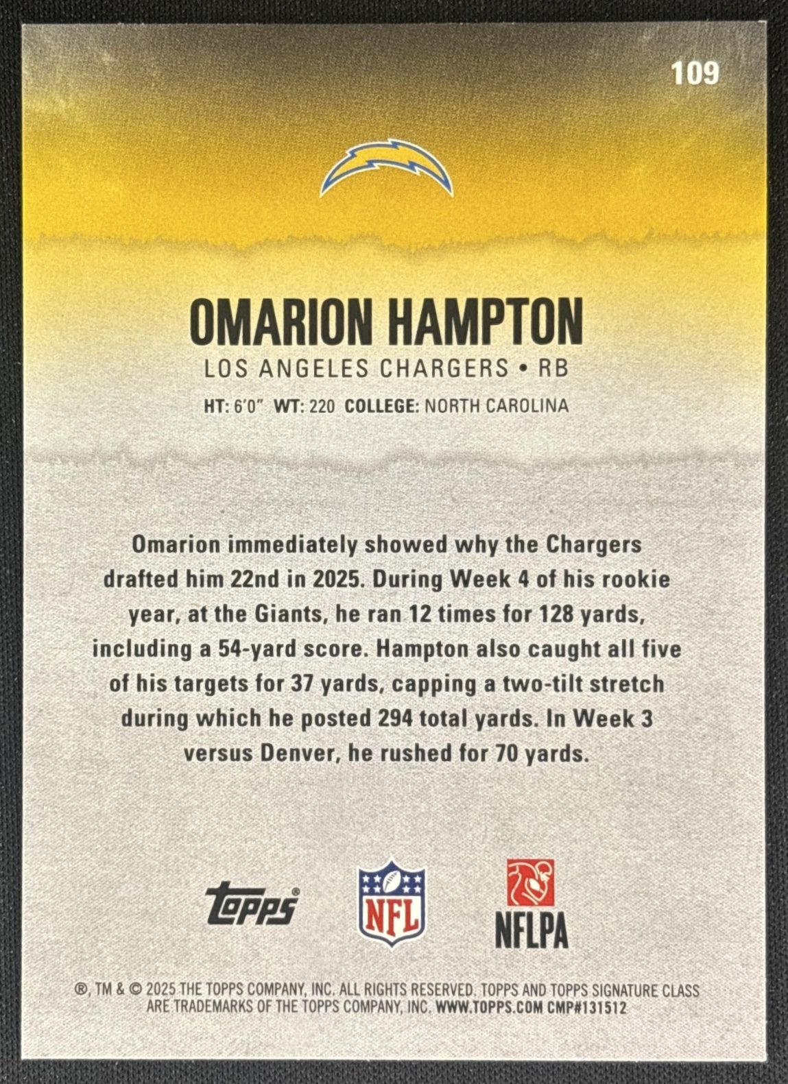 Omarion Hampton 2025 Topps Signature Class Rookie Green & Purple Foil Chargers back