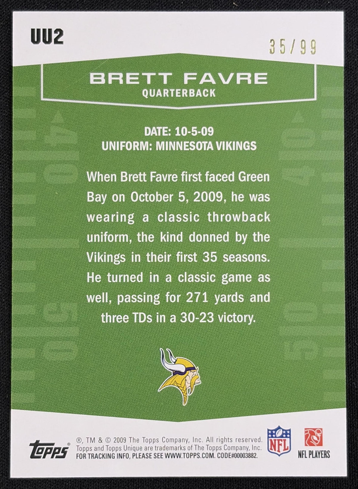 Brett Favre 2009 Topps Unique Unis Bronze /99 Vikings sports trading card back
