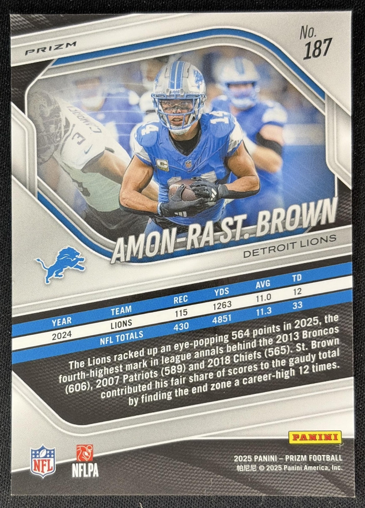 Amon-Ra St. Brown 2025 Panini Prizm Red White & Blue Lions back