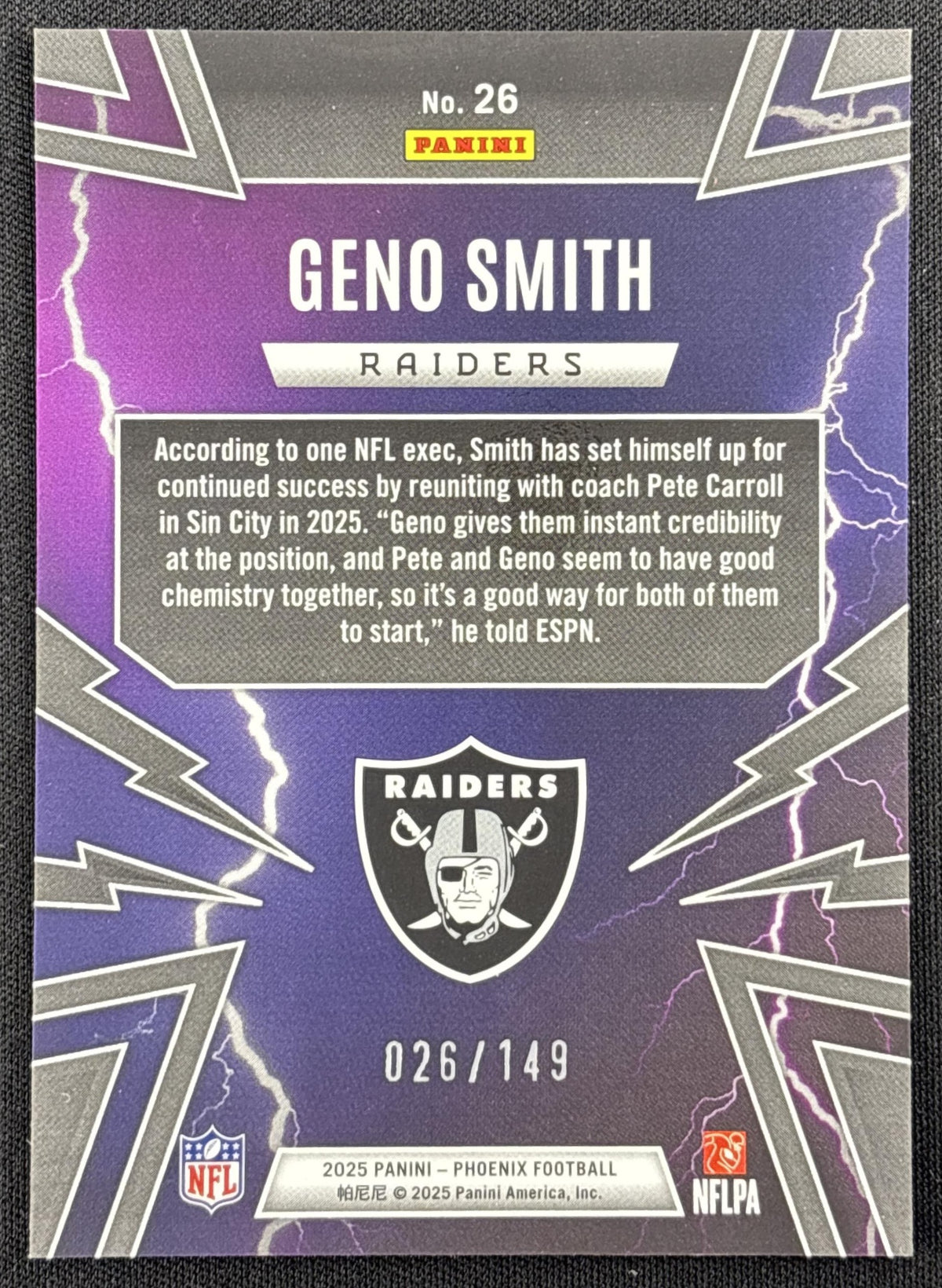Geno Smith 2025 Panini Phoenix Thunderbirds Yellow Pyramids Prizm /149 Raiders
