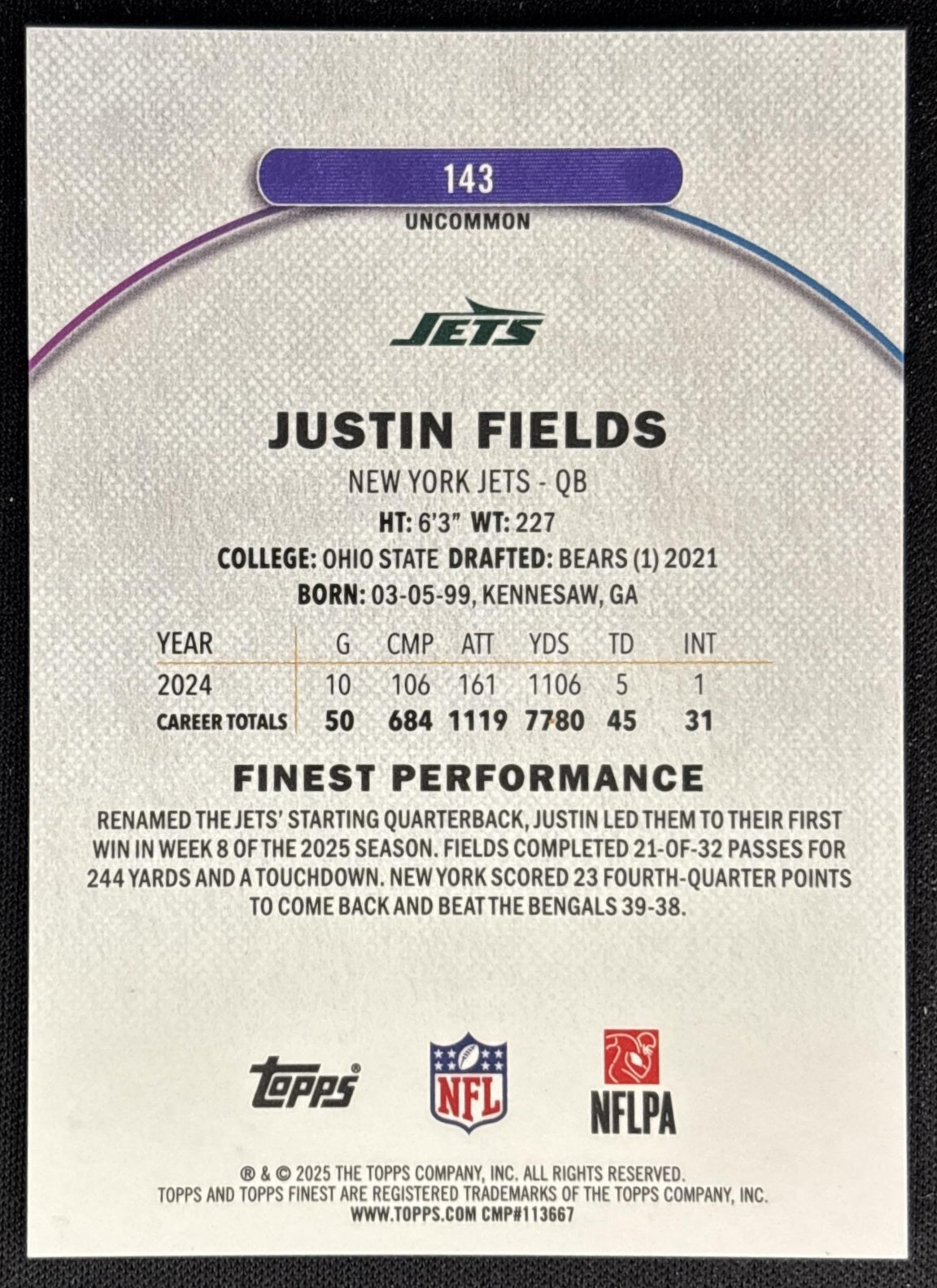 Justin Fields 2025 Topps Finest Uncommon Green Geometric Refractor /35 Jets back