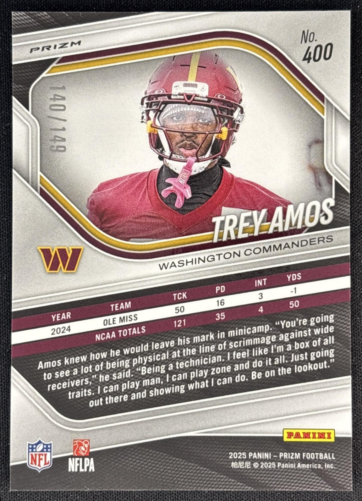 Trey Amos 2025 Panini Prizm Red Wave /149 Commanders Sports Trading Cards