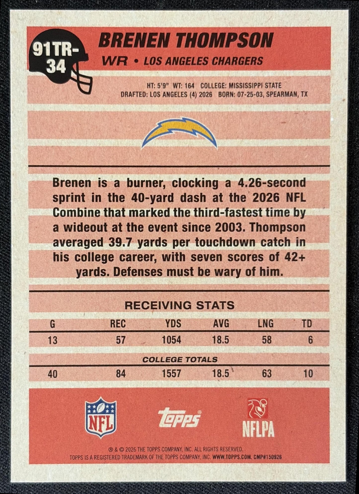 Brenen Thompson 2026 Topps 1991 Rookie Chargers back