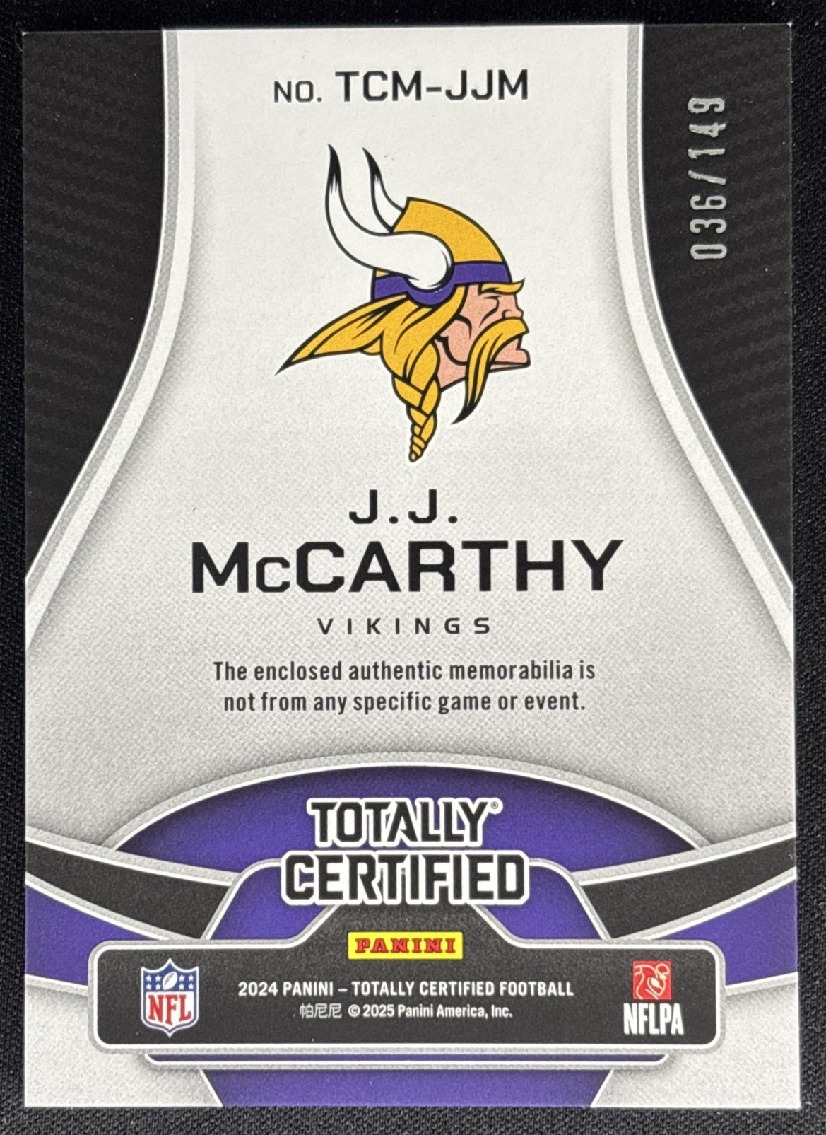 J.J. McCarthy 2024 Panini Totally Certified Materials /149 Vikings