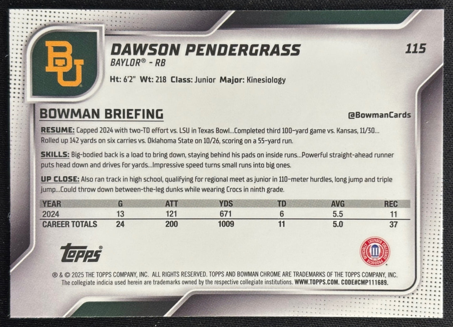 Dawson Pendergrass 2025 Bowman Chrome University Sapphire Prospect Sports Trading Card