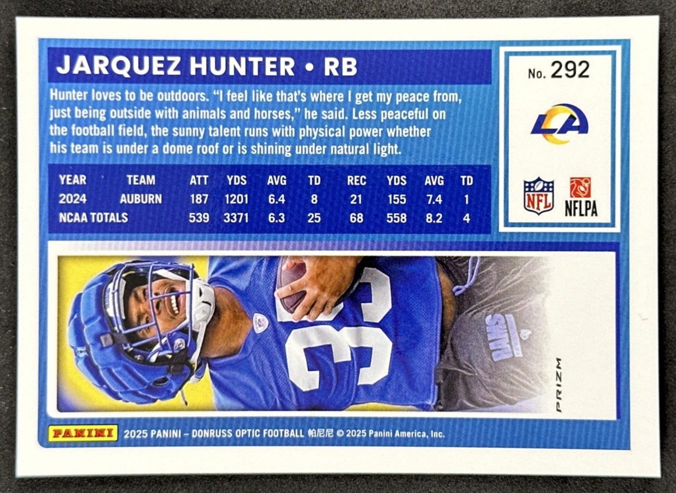 Jarquez Hunter 2025 Panini Donruss Optic Rated Rookie Blue Hyper Prizm Rams