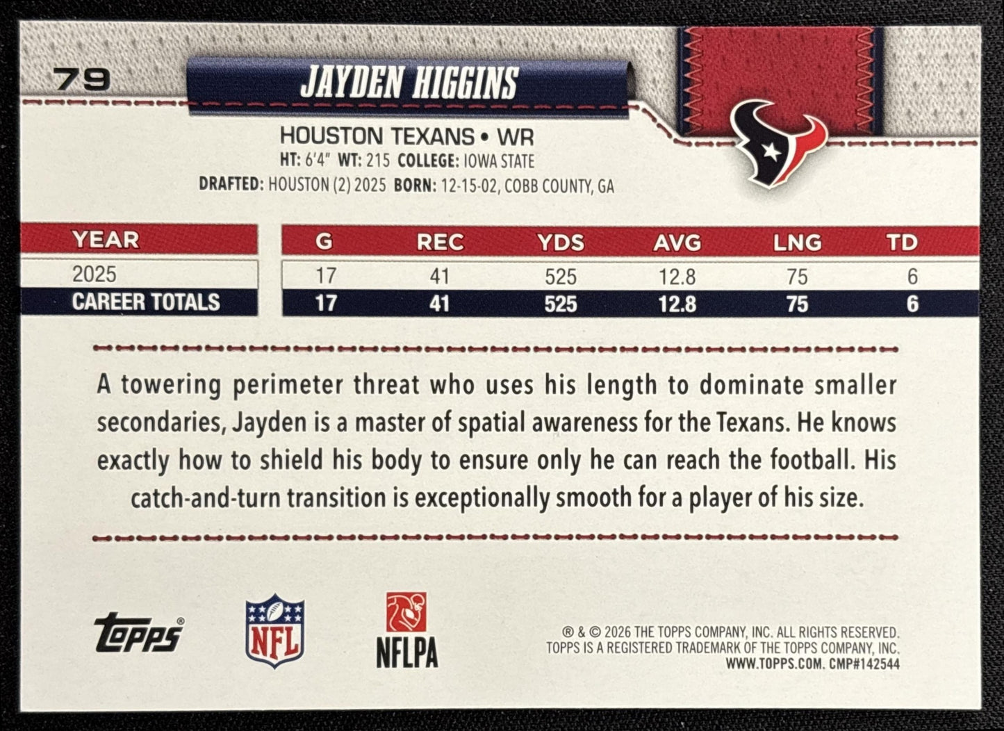 Jayden Higgins 2026 Topps Team Color Border Variation Texans Sports Trading Card