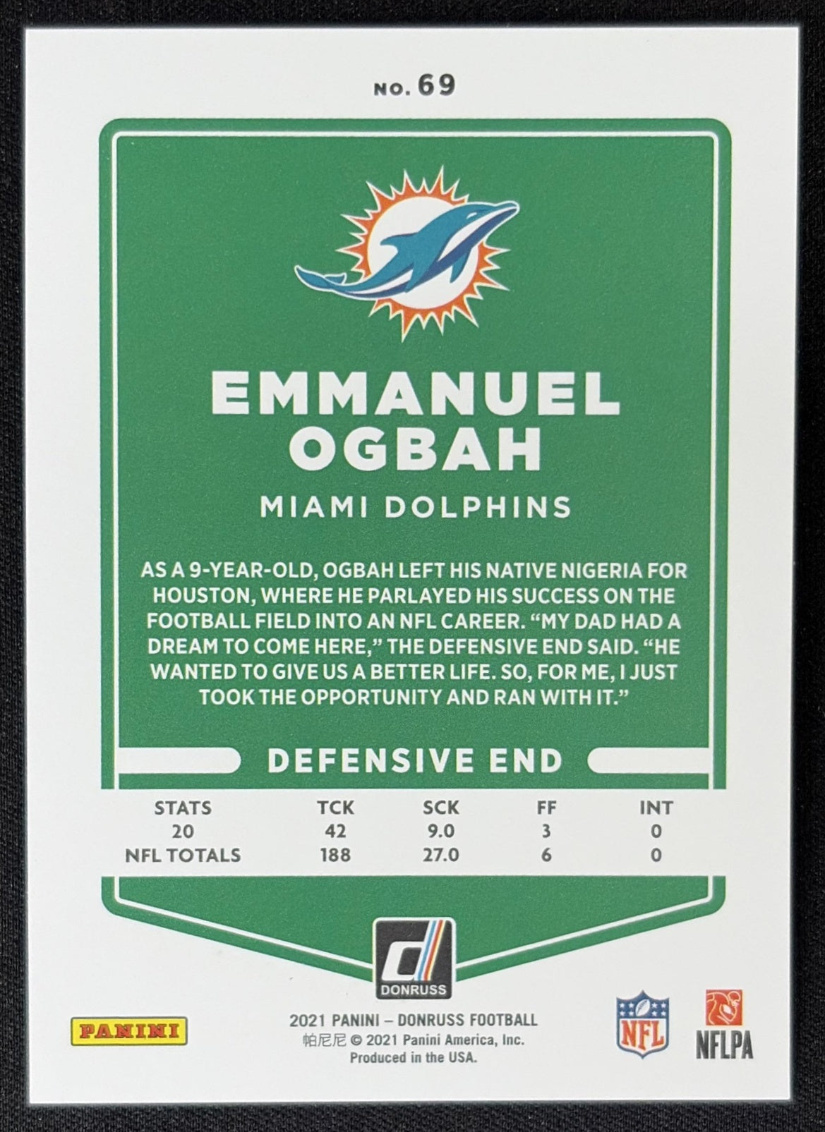 Emmanuel Ogbah 2021 Panini Donruss Press Proof Premium Dolphins - Miami Dolphins