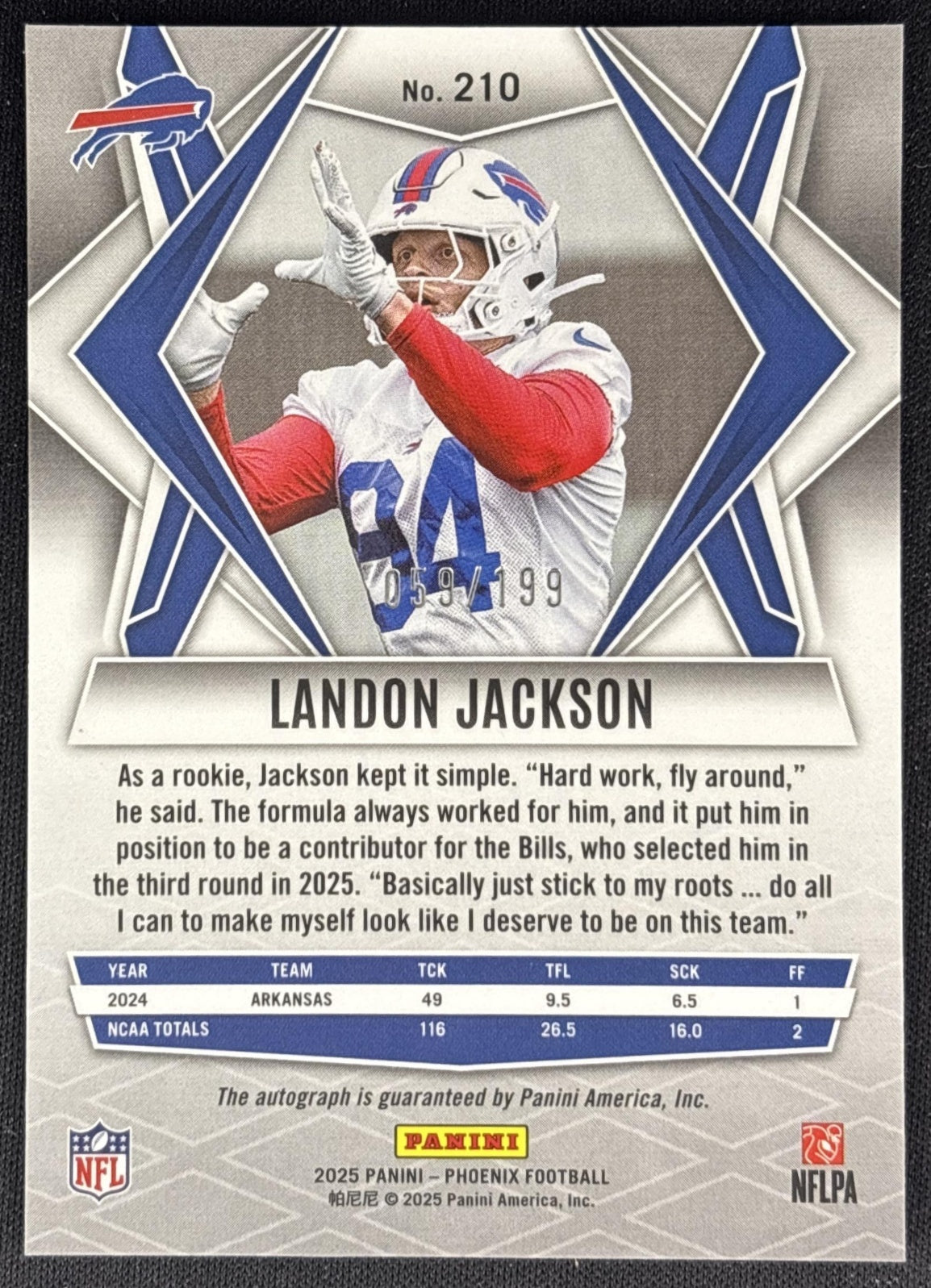 Landon Jackson 2025 Panini Phoenix Rookies Auto /199 Bills back