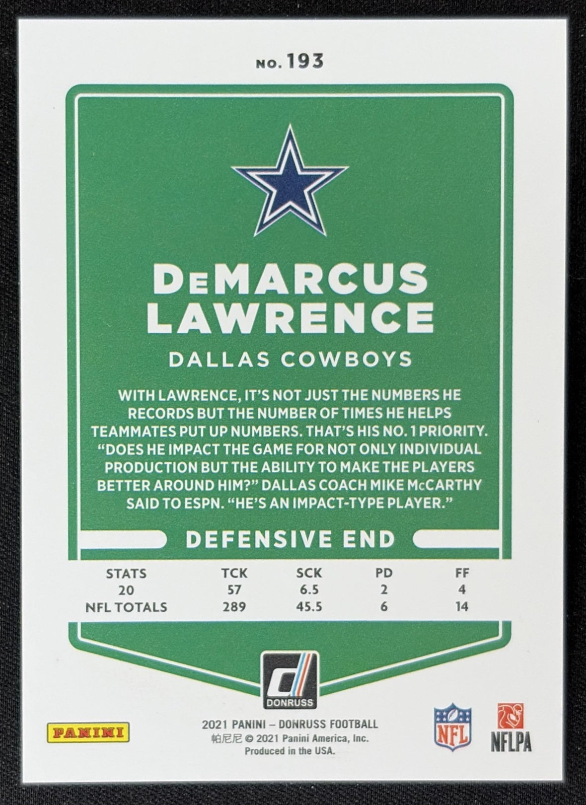 DeMarcus Lawrence 2021 Panini Donruss Press Proof Premium Cowboys - Dallas Cowboys