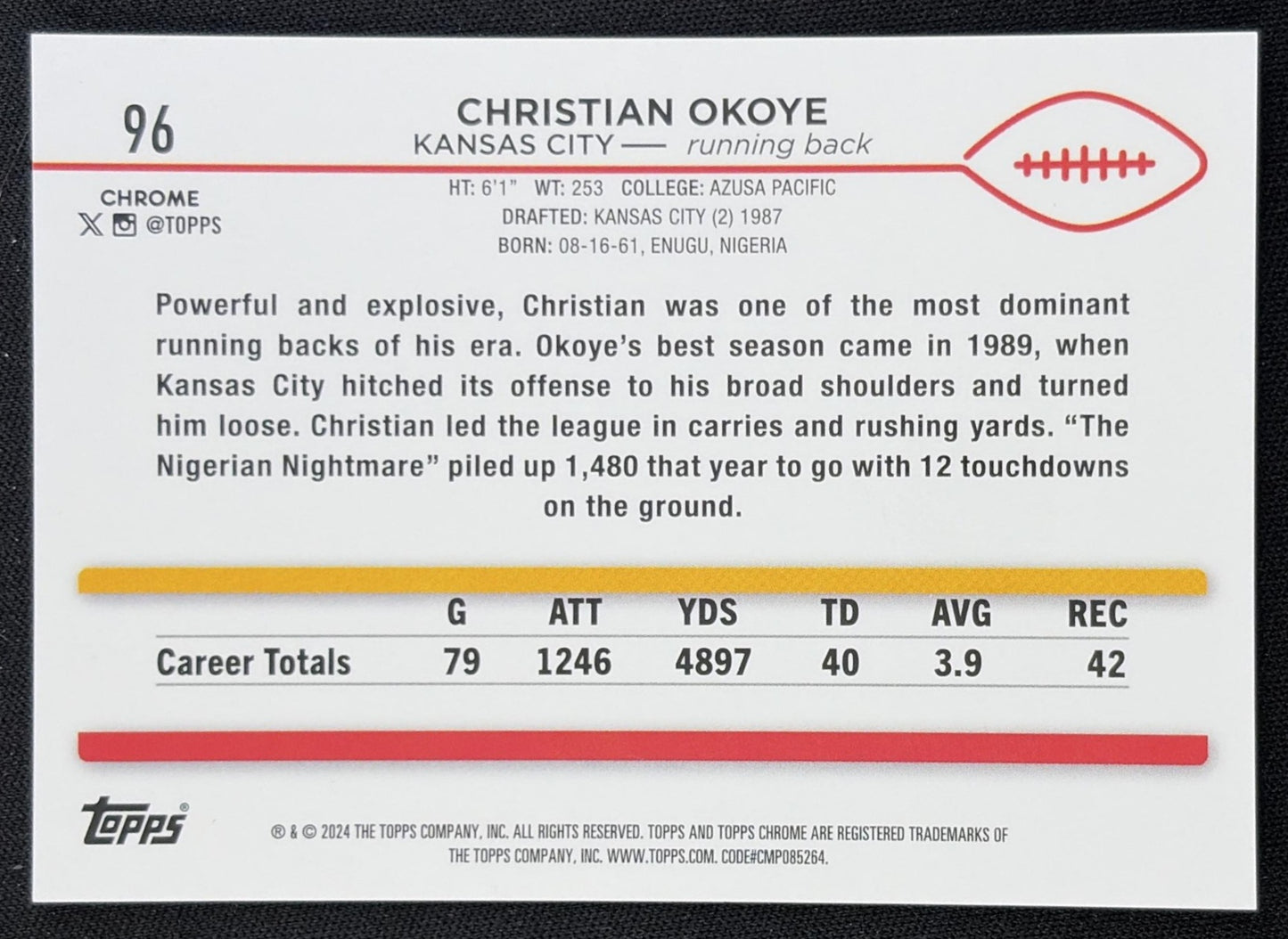 Christian Okoye 2024 Topps Chrome Sapphire Edition Orange Refractor /25 Chiefs Kansas City Chiefs