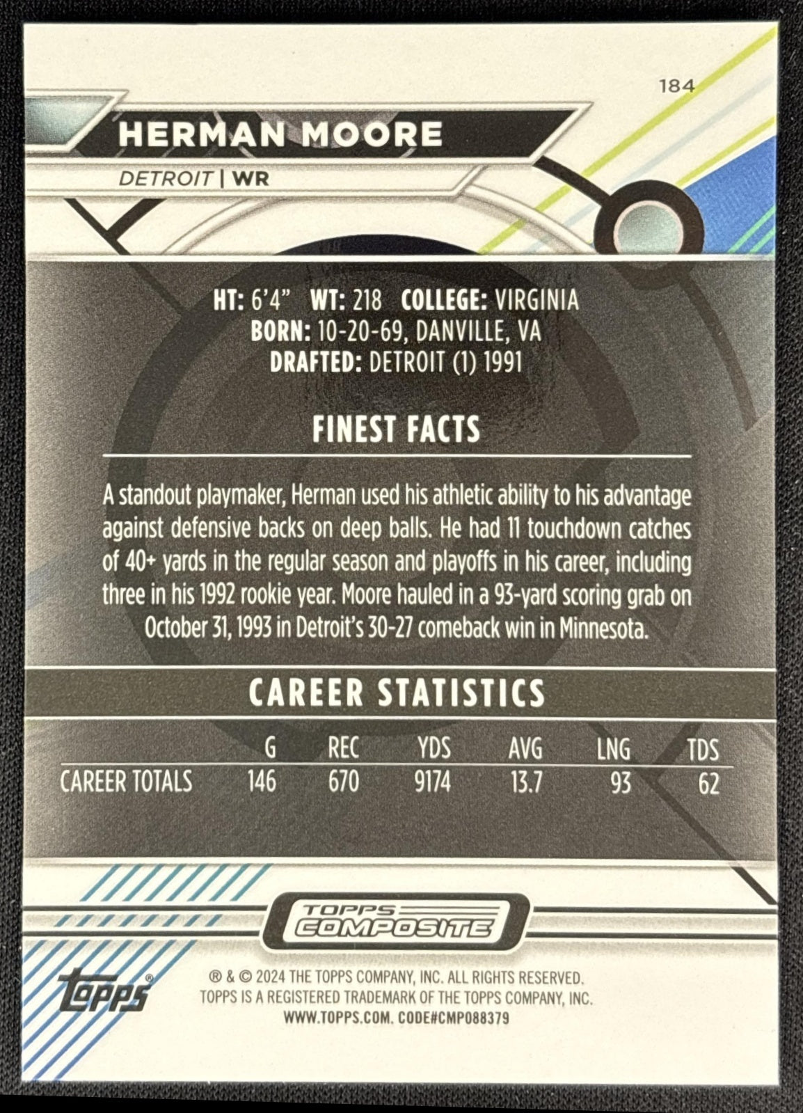Herman Moore 2023 Topps Composite Finest Sky Blue Refractor /325 Lions back