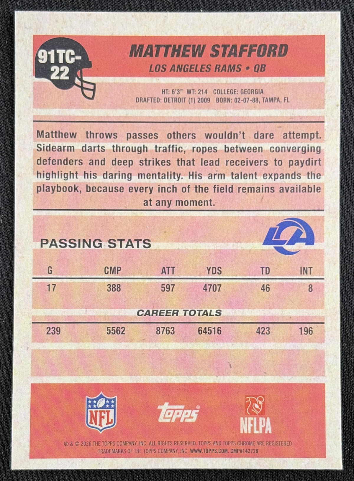 Matthew Stafford 2026 Topps 1991 Chrome Mojo Refractor Rams back