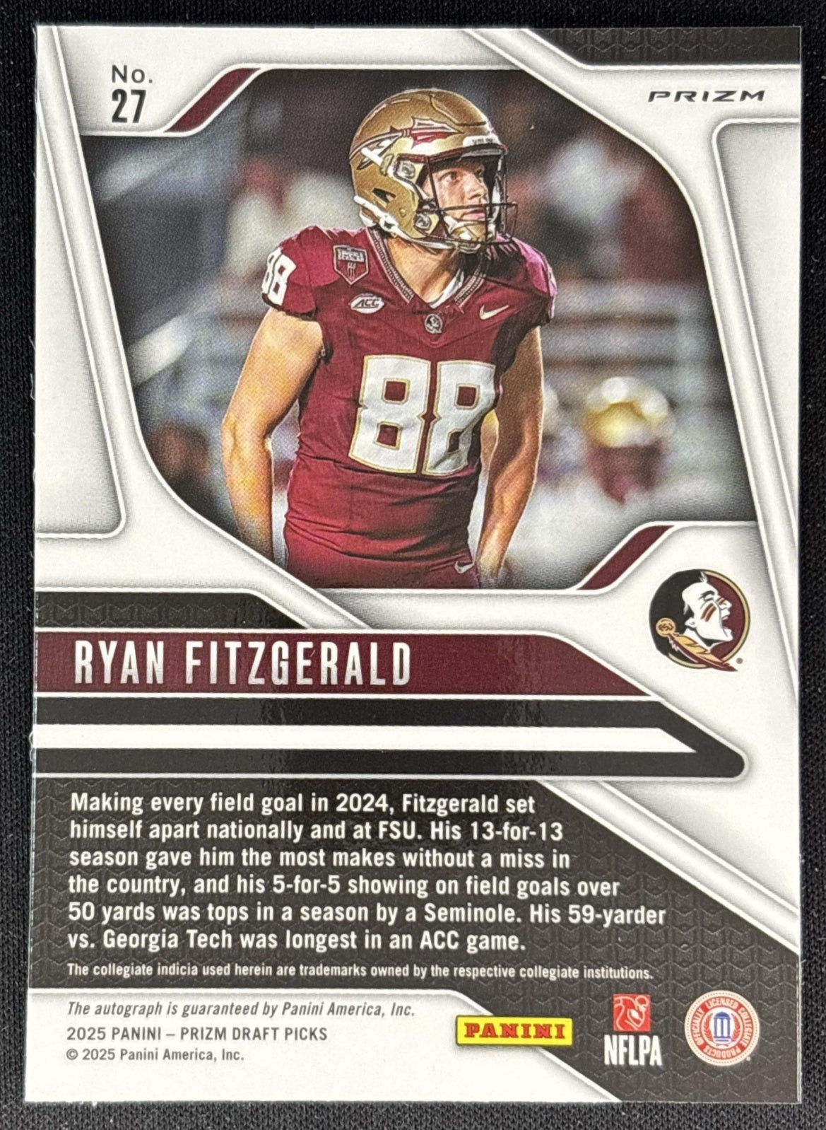 Ryan Fitzgerald 2025 Panini Prizm Draft Picks Auto Silver Seminoles Sports Trading Cards