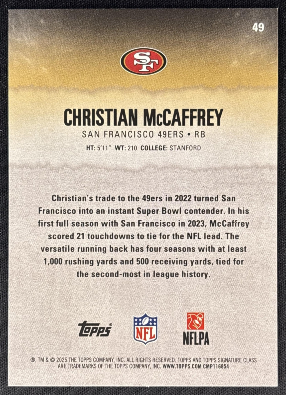 Christian McCaffrey 2025 Signature Class Veteran Auto Green Foil /150 49ers back