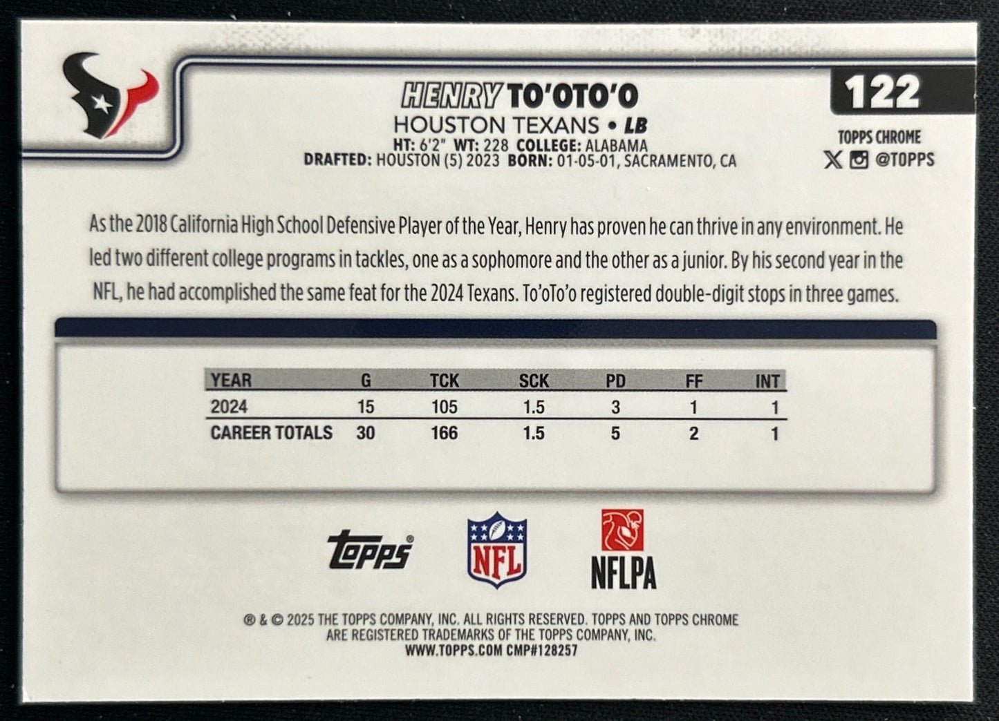 Henry To'oTo'o 2025 Topps Chrome Texans Sports Trading Cards