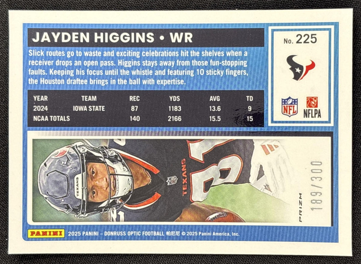 Jayden Higgins 2025 Panini Donruss Optic Rated Rookie Wave Prizm /300 Texans