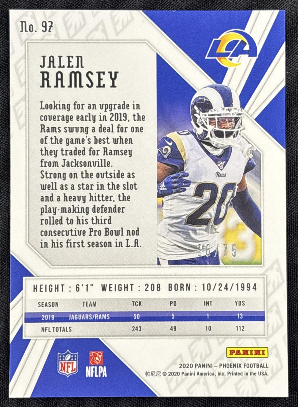 Jalen Ramsey 2020 Panini Phoenix Yellow /75 Rams