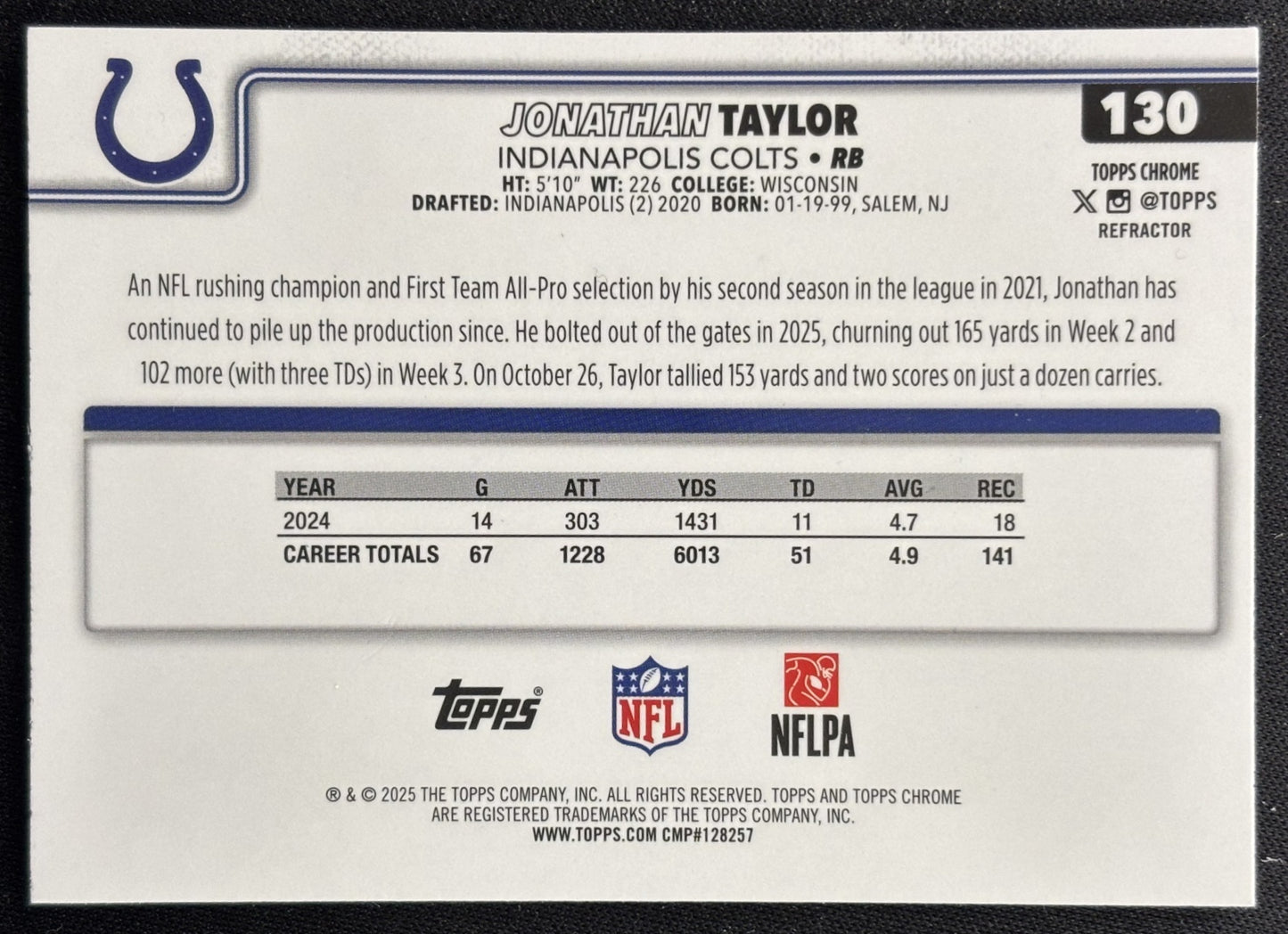 Jonathan Taylor 2025 Topps Chrome Refractor Colts Sports Trading Cards