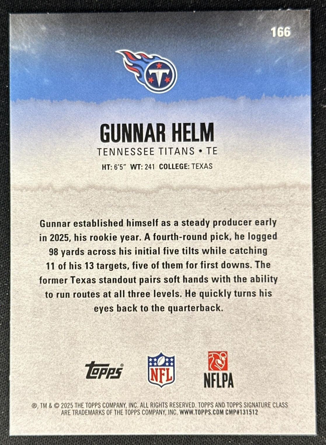 Gunnar Helm 2025 Topps Signature Class Green & Purple Rookie Titans back