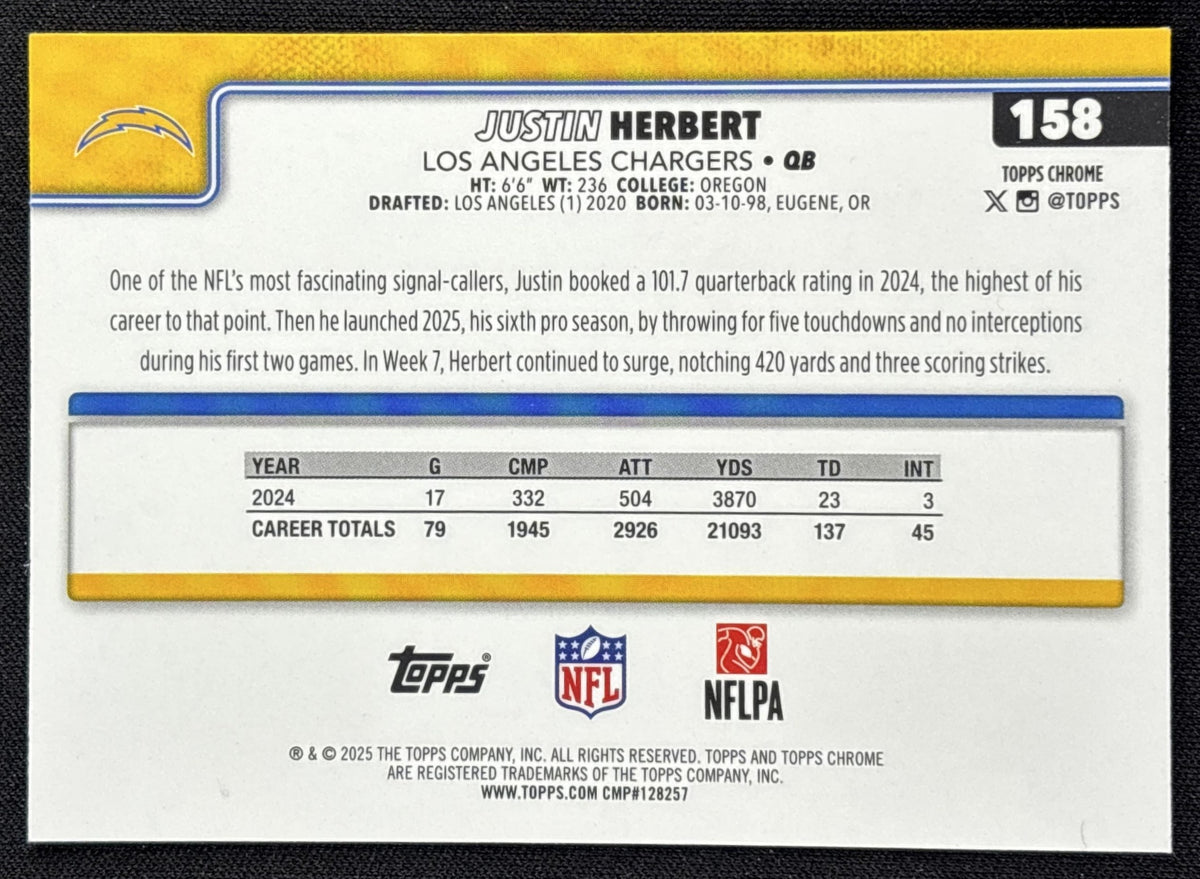 Justin Herbert 2025 Topps Chrome Football Leather Refractor Chargers Los Angeles Chargers