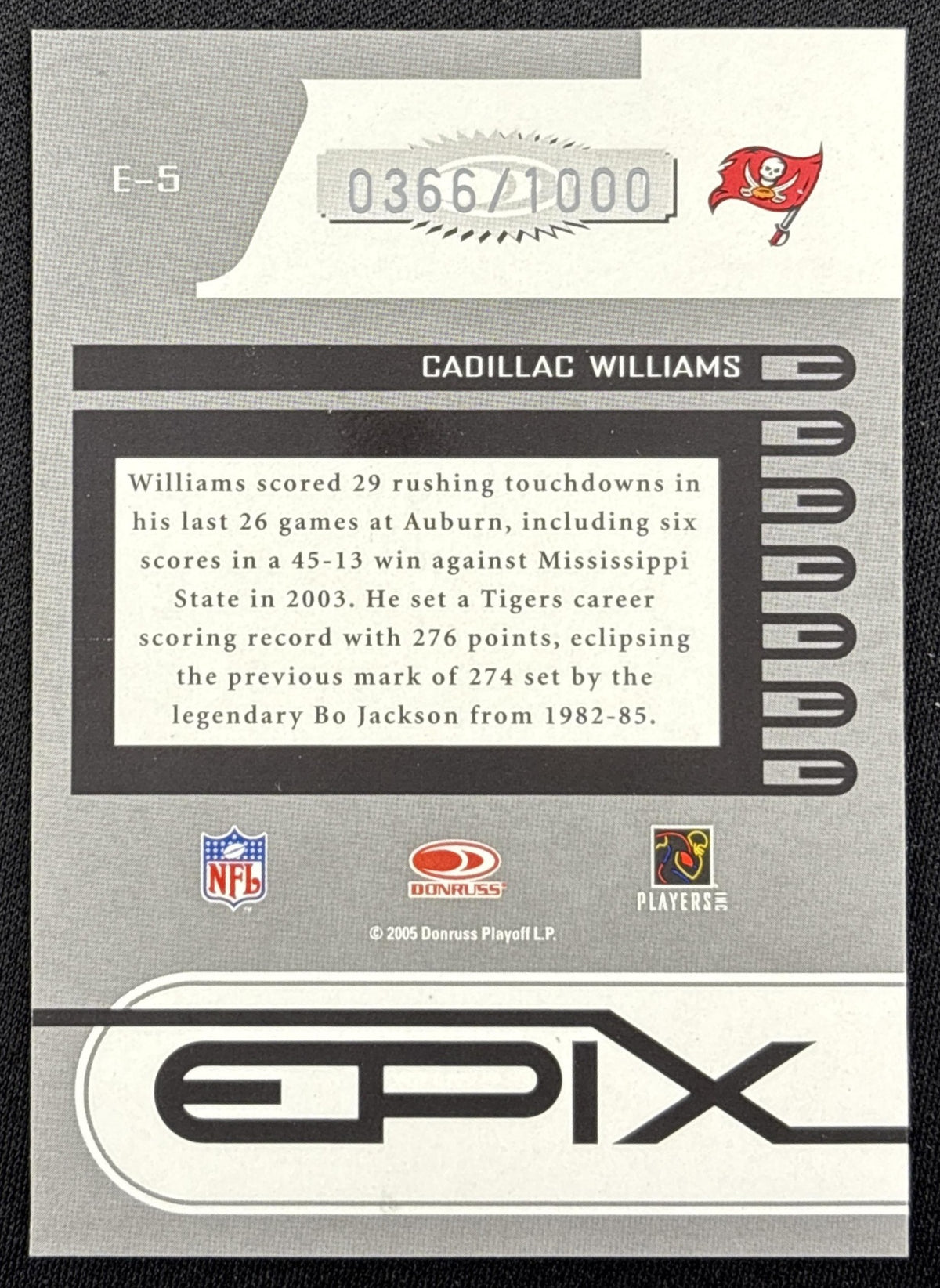 Cadillac Williams 2005 Donruss Zenith Epix Orange 1st Prospect Down /1000 Buccaneers