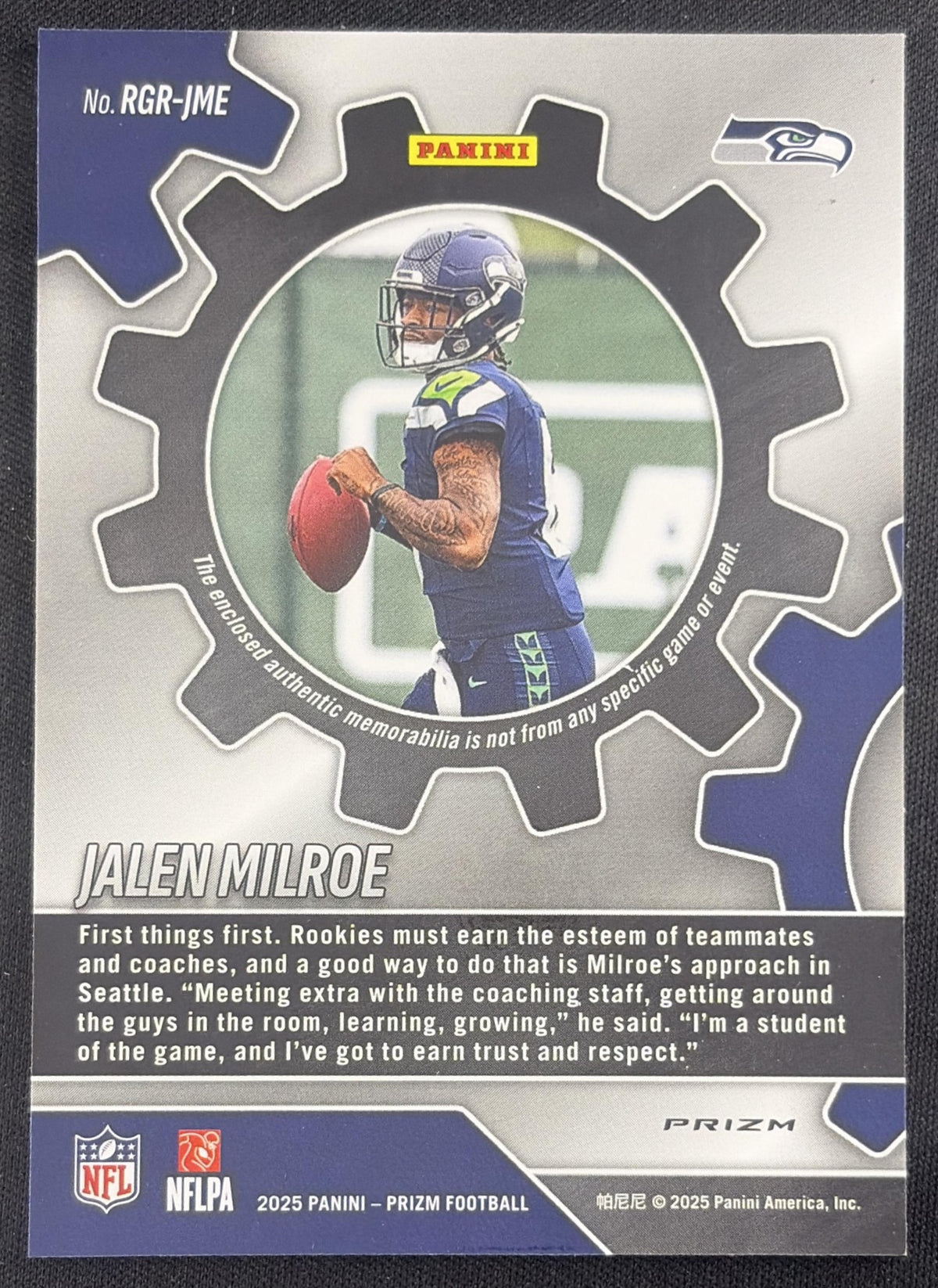 Jalen Milroe 2025 Panini Prizm Rookie Gear Neon Green Pulsar Seahawks