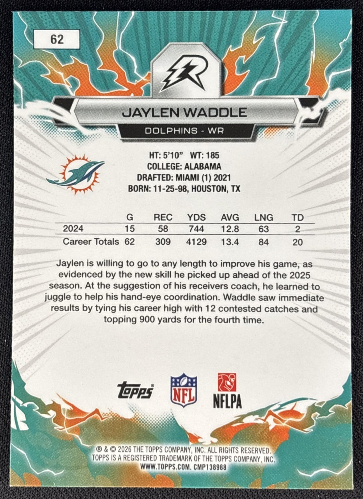 Jaylen Waddle 2025 Topps Resurgence Dolphins Miami Dolphins back