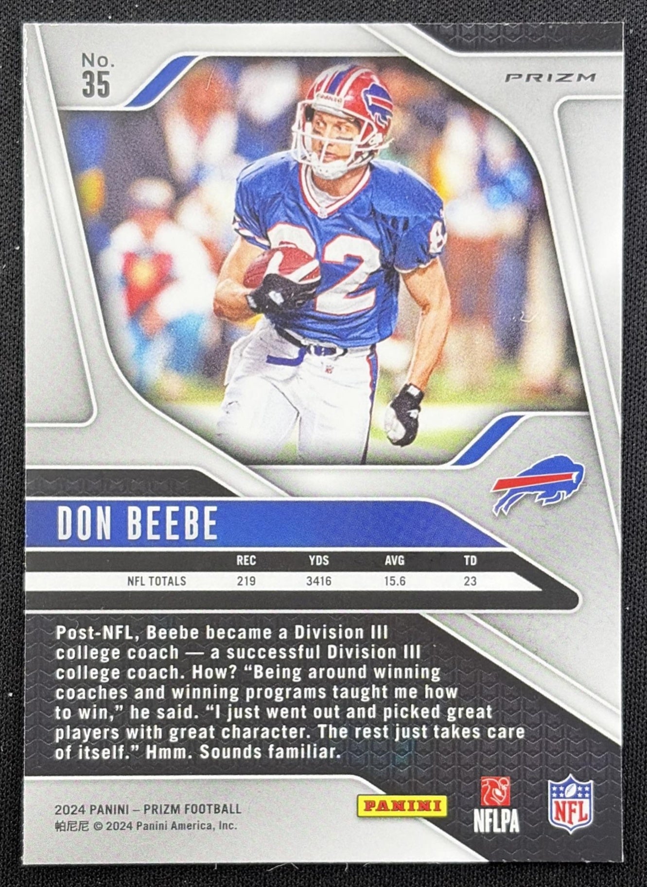 Don Beebe 2024 Panini Prizm Green Wave Bills back