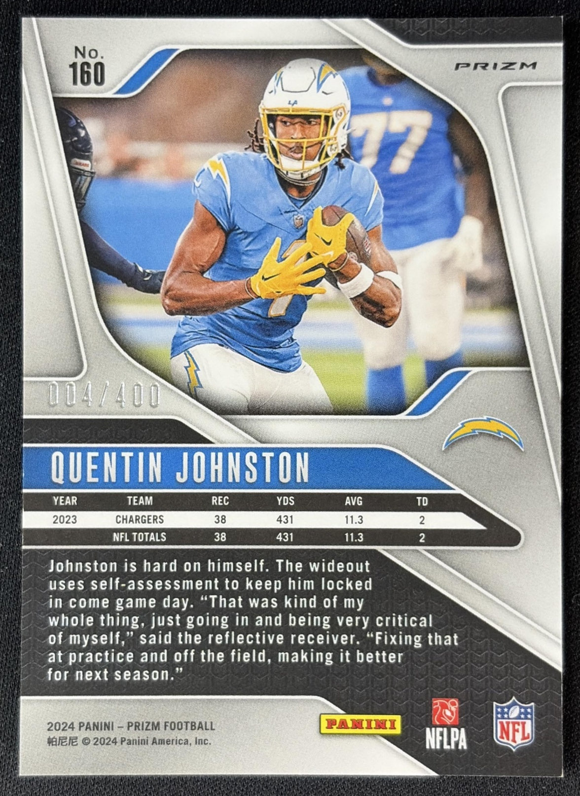 Quentin Johnston 2024 Panini Prizm Pandora /400 Chargers back