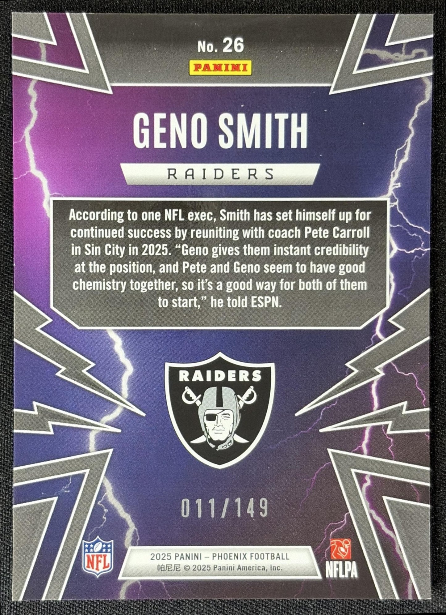 Geno Smith 2025 Panini Phoenix Thunderbirds Yellow Pyramids Prizm /149 Raiders