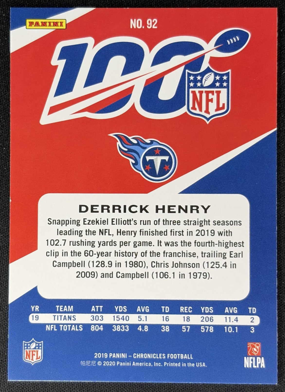 Derrick Henry 2019 Panini Chronicles NFL 100 Ravens Titans back