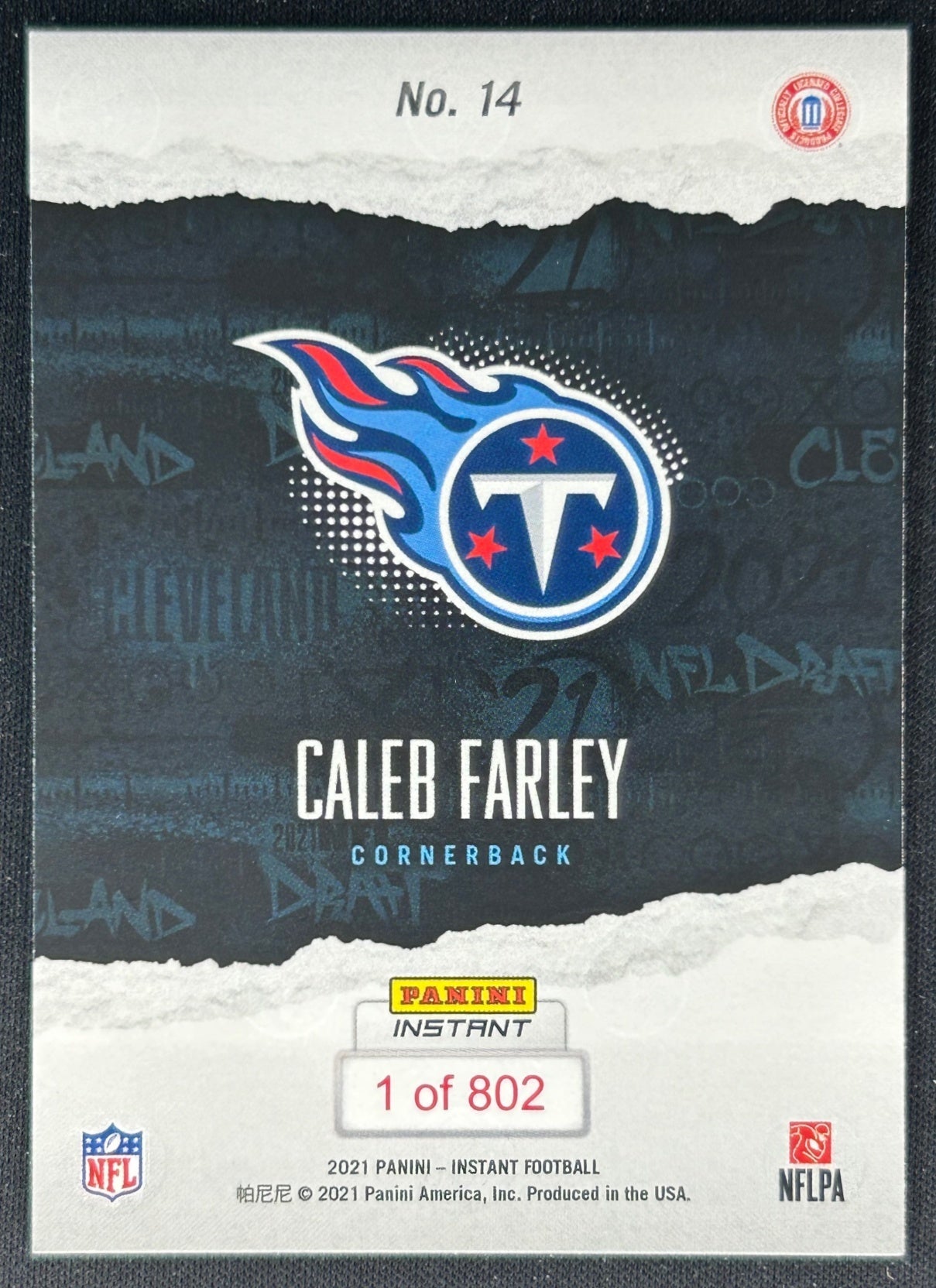 Caleb Farley 2021 Panini Instant NFL Draft Night Titans Sports Trading Cards