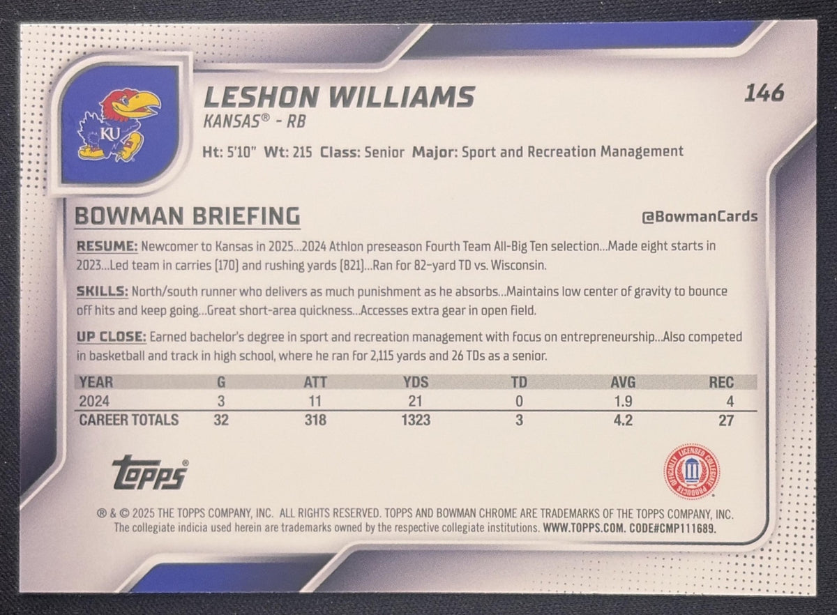 Leshon Williams 2025 Bowman Chrome University Prospects Aqua Mini-Diamond Refractor /325 Jayhawks