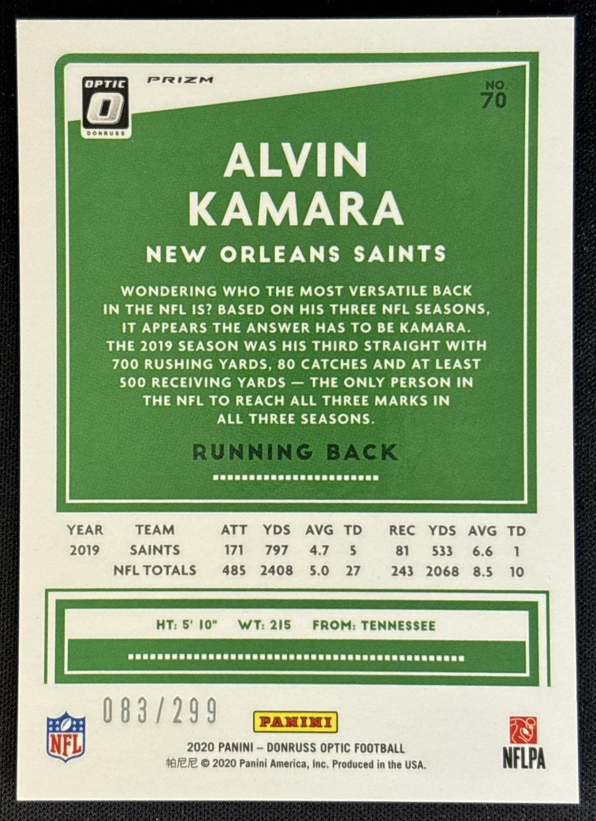 Alvin Kamara 2020 Panini Donruss Optic Aqua Prizm /299 Saints Football