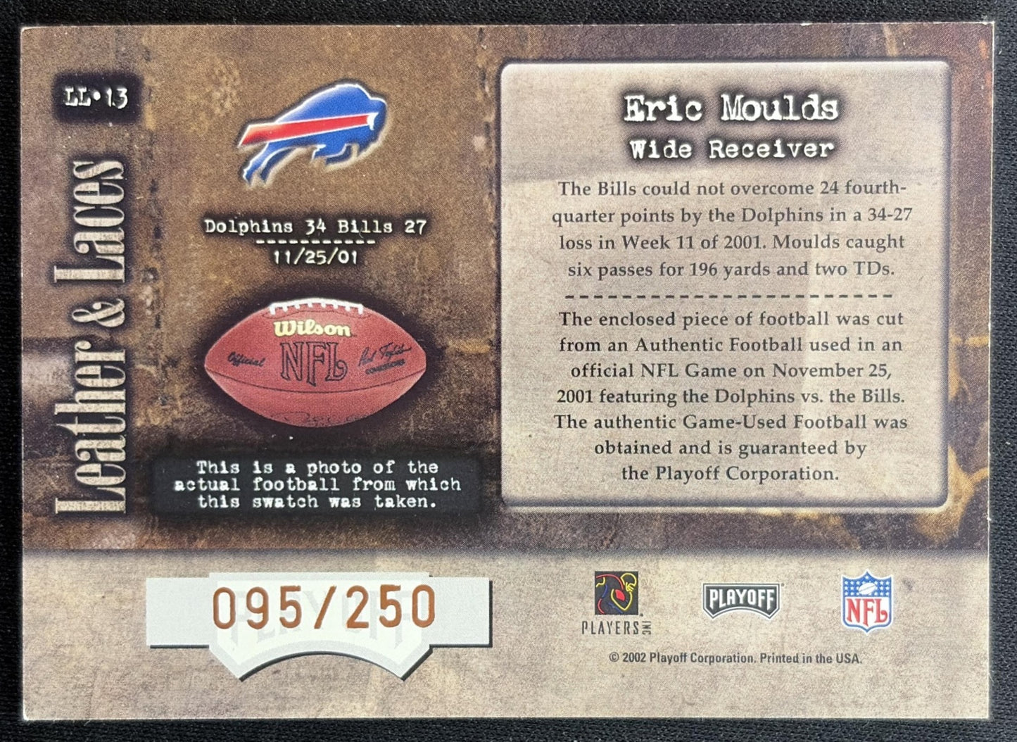 Eric Moulds 2002 Playoff Absolute Memorabilia Leather and Laces /250 Bills back