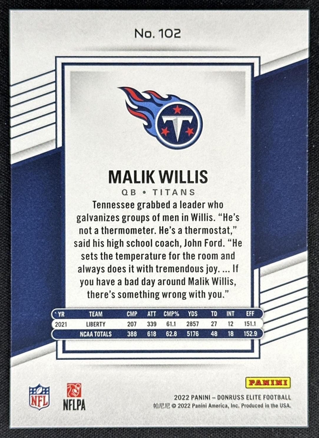 Malik Willis 2022 Panini Donruss Elite /999 Titans