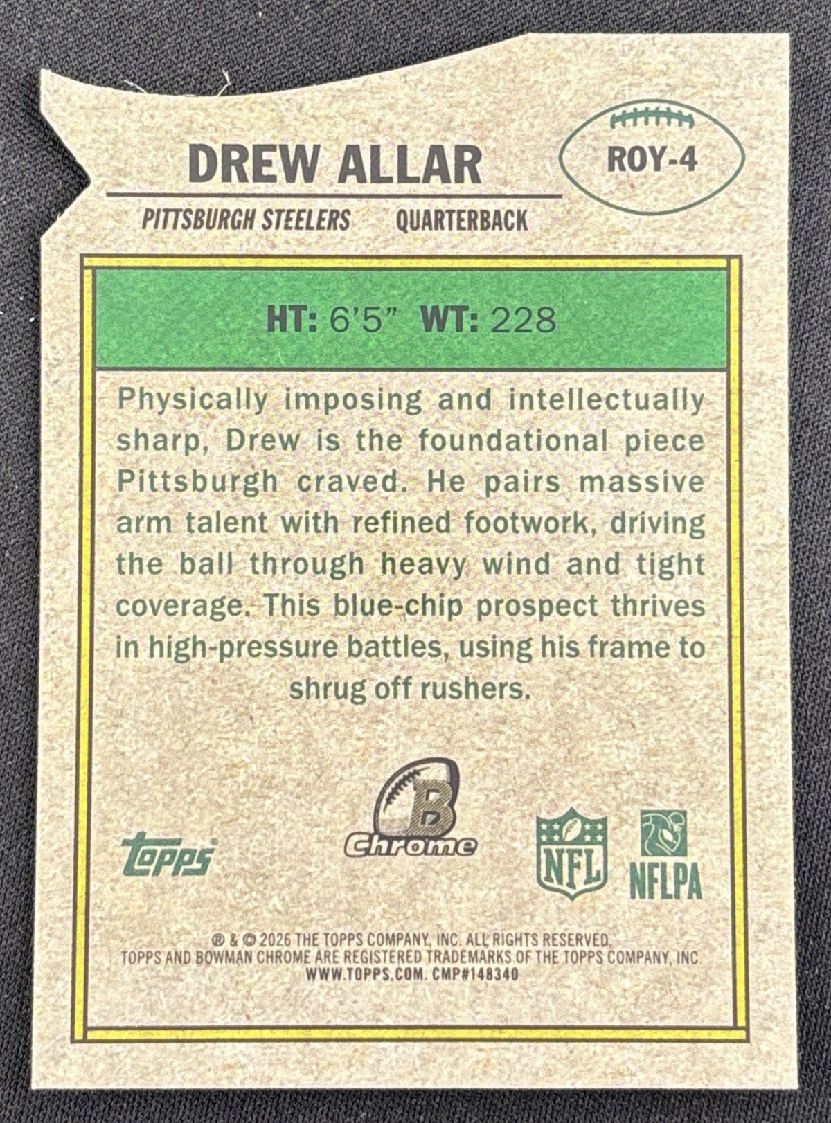 Drew Allar 2026 Bowman ROY Favorites Steelers back