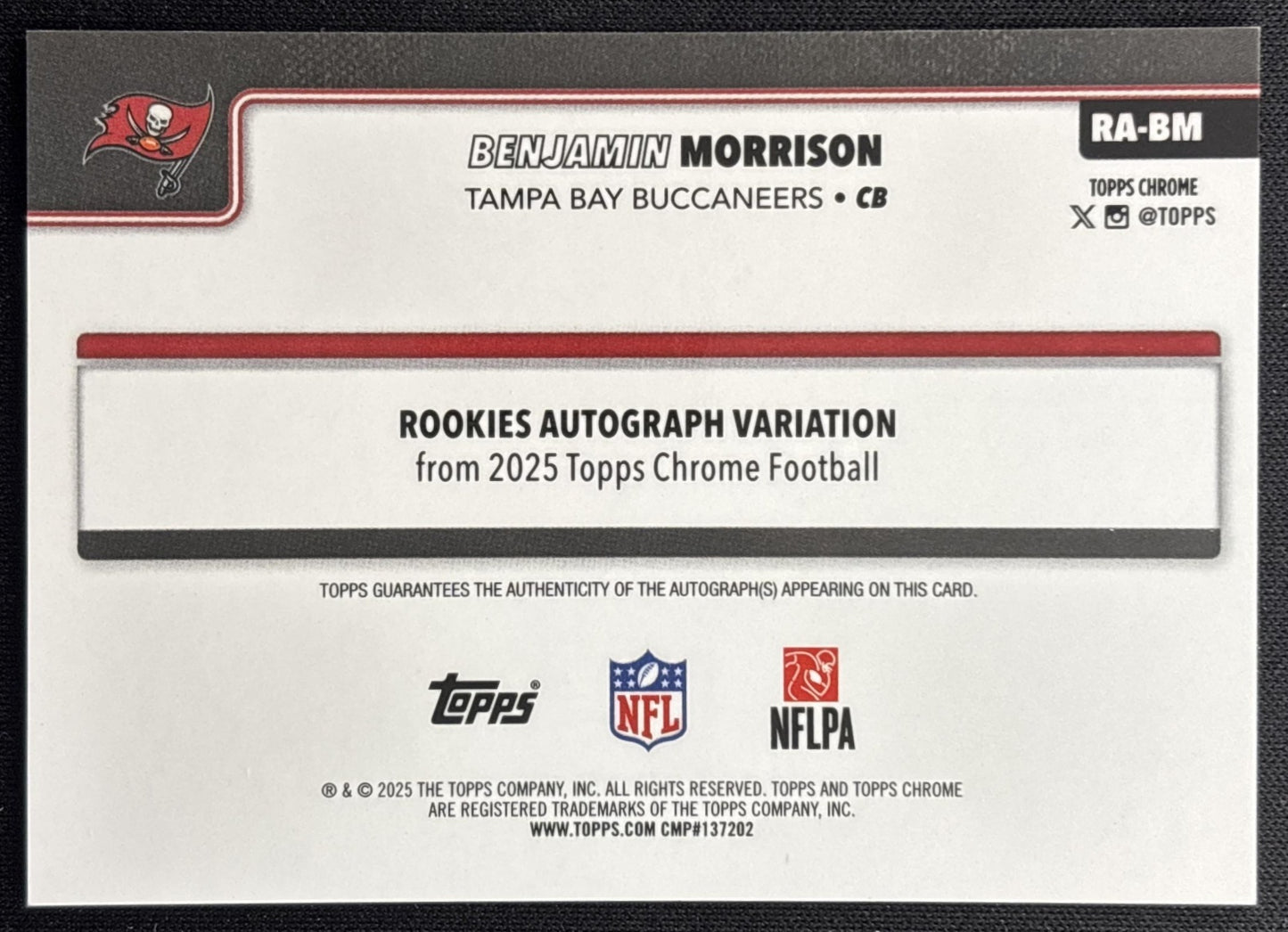 Benjamin Morrison 2025 Chrome Rookie Auto Purple Geometric Refractor /75 Buccaneers Sports Trading Cards