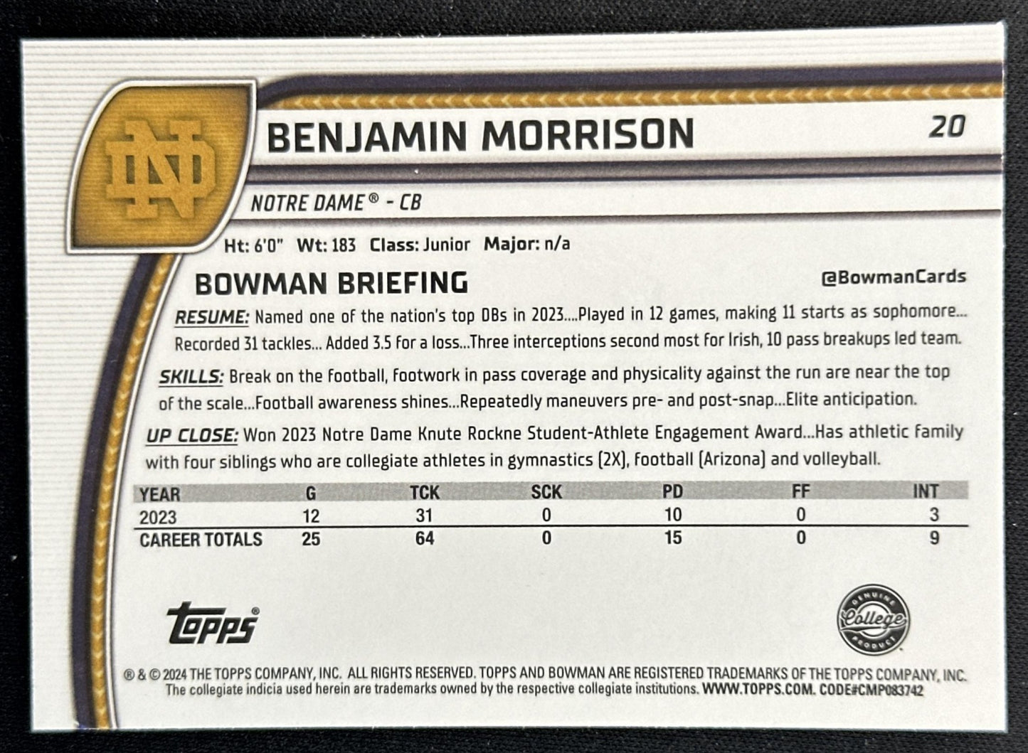 Benjamin Morrison 2024 Chrome University Purple Shimmer Refractor Fighting Irish