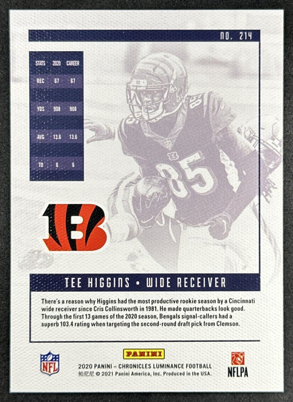 Tee Higgins 2020 Panini Chronicles Luminance Update Rookies Teal Bengals Sports Trading Card