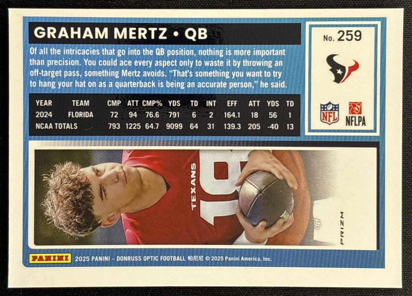 Graham Mertz 2025 Panini Donruss Optic Rated Rookie Purple Shock Prizm Texans Sports Trading Card