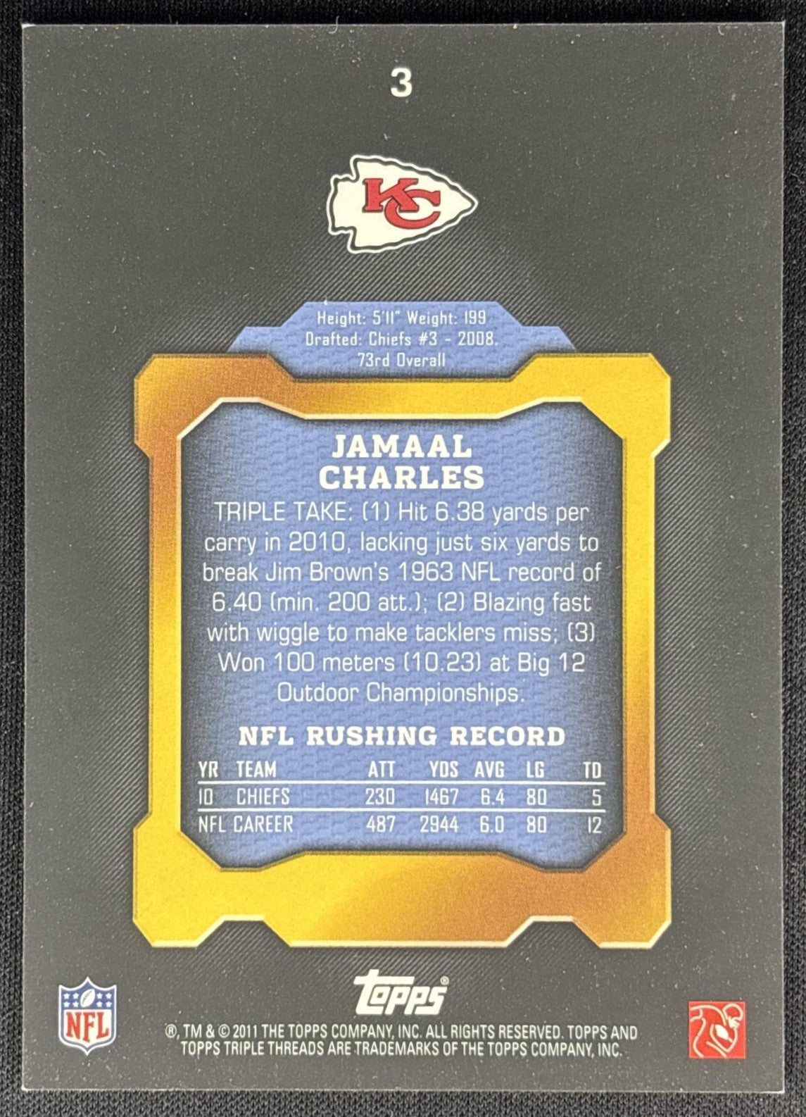 Jamaal Charles 2011 Topps Triple Threads /999 Chiefs back