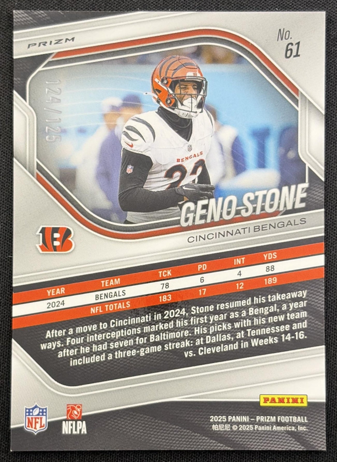 Geno Stone 2025 Panini Prizm No Huddle Blue /125 Bengals back